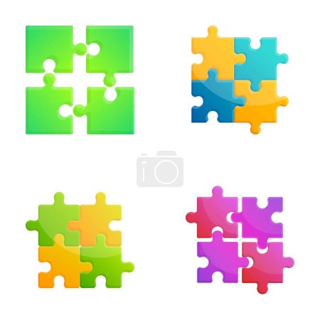 Téléchargez les illustrations : Puzzle icônes définir vecteur de dessin animé. Puzzle coloré lumineux. Symbole de travail d'équipe - en licence libre de droit