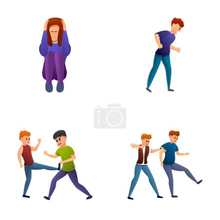 Illustration for Violence icons set cartoon vector. Abuser and victim. Social issues, abuse and aggression - Royalty Free Image