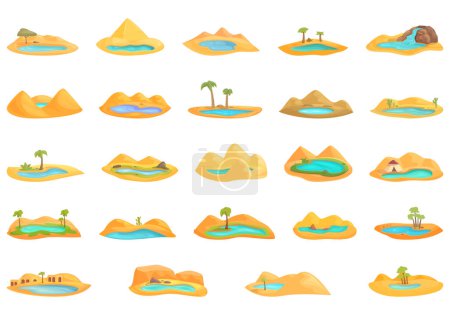 Illustration for Lake in desert icons set cartoon vector. Palm tree oasis. Water desert land - Royalty Free Image