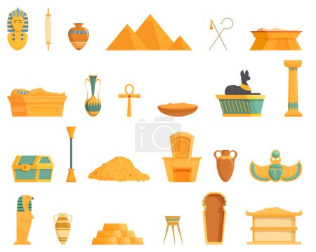 Ilustración de Faraón iconos de la tumba conjunto vector de dibujos animados. Pirámide de pilares antiguos. Pila columna de oro - Imagen libre de derechos
