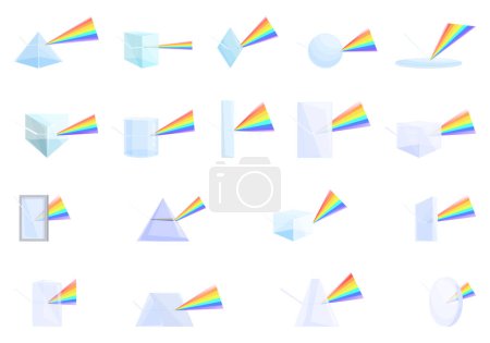 Ilustración de Prisma luz refracción efecto iconos conjunto vector de dibujos animados. Lente de prisma arco iris. Reflejo de erupción - Imagen libre de derechos