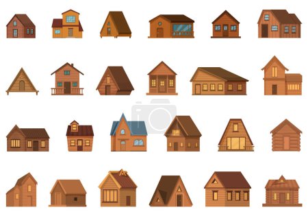 Illustration for Wooden cabin icons set cartoon vector. Wood tree house. Pine forest village - Royalty Free Image