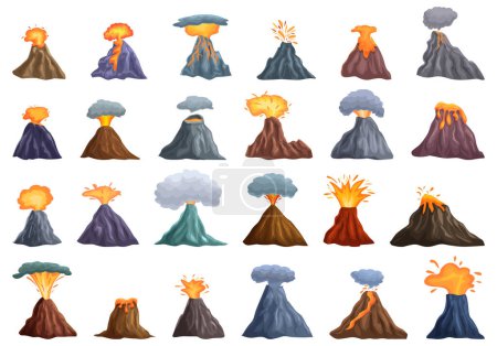 Illustration for Volcano explosion icons set cartoon vector. Lava eruption explosion. Nature natural stone - Royalty Free Image