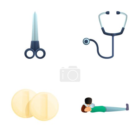 Illustration for First aid icons set cartoon vector. Medical staff perform artificial respiration. Emergency medical assistance - Royalty Free Image
