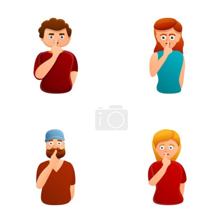Illustration for Silence icons set cartoon vector. Man and woman keep finger on lips. Demonstrate silence sign, secret - Royalty Free Image
