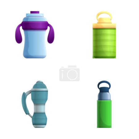 Illustration for Water bottle icons set cartoon vector. Various vacuum insulated water bottle. Container for beverage - Royalty Free Image