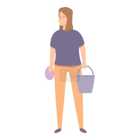Illustration for Girl with bucket and cleaning cloth icon cartoon vector. Ready for house cleaning. Domestic household clean - Royalty Free Image