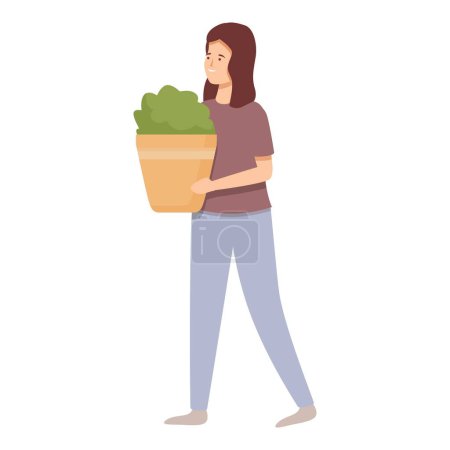Téléchargez les illustrations : Femme avec pot icône de la plante vecteur de dessin animé. Fleur décorative intérieure. Loisirs de jardinage. - en licence libre de droit