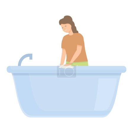 Illustration for Woman cleaning bathtub icon cartoon vector. Bathroom disinfecting cleaner. Bathtub anti chalk spray. - Royalty Free Image