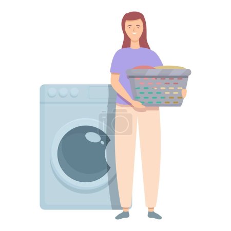 Illustration for Woman with clothes basket near the washing machine icon cartoon vector. Household laundry cloth. Washing dirty clothes. - Royalty Free Image