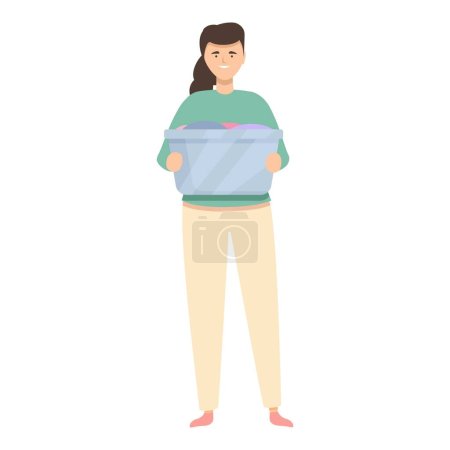 Illustration for Smiling woman with laundry basket icon cartoon vector. Washing dirty clothes. Household chores. - Royalty Free Image