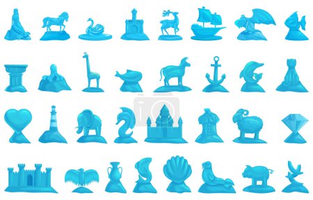 Téléchargez les illustrations : Icônes de sculpture de glace ensemble vecteur de dessin animé. Sirène des animaux. Statue bête bleue - en licence libre de droit