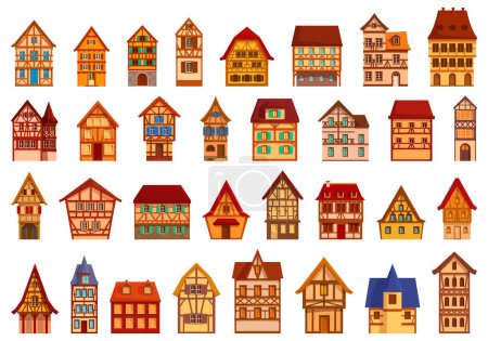 Téléchargez les illustrations : Les maisons traditionnelles allemandes icônes ensemble vecteur de dessin animé. Village médiéval. Moyen âge - en licence libre de droit