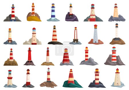 Ilustración de Torre del faro en los iconos del acantilado conjunto vector de dibujos animados. Costa rocosa. Torre de luz marina - Imagen libre de derechos