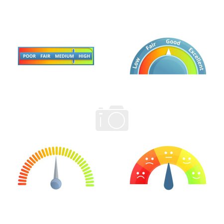 Speedometer icons set cartoon vector. Various measuring device. Indicator, measurement concept