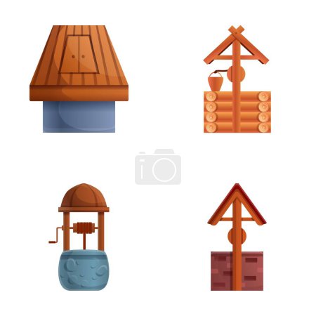 Téléchargez les illustrations : Eh bien icônes définir vecteur de dessin animé. Puits en bois et en pierre avec toit et seau. Source d'eau potable rustique - en licence libre de droit
