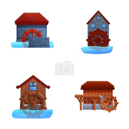 Illustration for Watermill icons set cartoon vector. Wooden structure that uses river hydropower. Water millwheel - Royalty Free Image