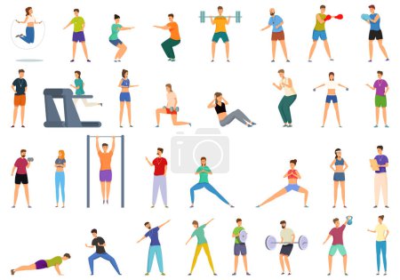 Illustration for Fitness coaching training icons set cartoon vector. Gym coach. Person sport instructor - Royalty Free Image