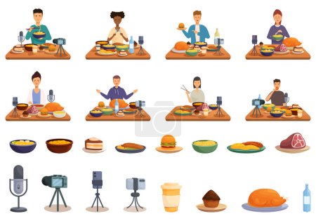 Ilustración de Mukbang iconos conjunto de dibujos animados vector. Blogger de grabación de vídeo. Comer cámara de comida - Imagen libre de derechos