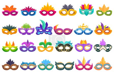 Illustration for Face mask feathers icons set cartoon vector. Festival costume show. Carnival ornament - Royalty Free Image