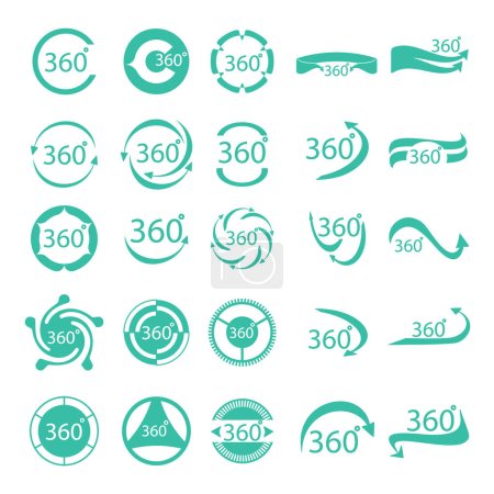 Illustration for 360 degrees icons set cartoon vector. Arrow virtual video. Vr view glasses - Royalty Free Image