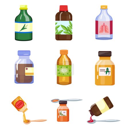 Ilustración de Conjunto de iconos de jarabe para la tos vector de dibujos animados. Forma dosis del frasco. Ayuda médica asistencia sanitaria - Imagen libre de derechos