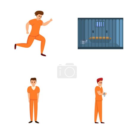 Illustration for Male criminal icons set cartoon vector. Criminal character near prison cell. Crime, breaking law - Royalty Free Image