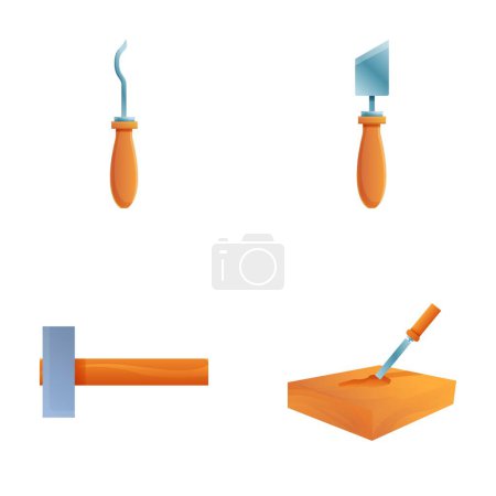 Illustration for Carpentry tool icons set cartoon vector. Hammer chisel and trowel. Construction and repair tool - Royalty Free Image