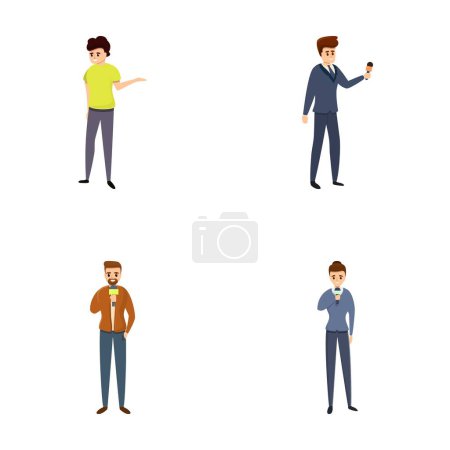 Illustration for Journalist icons set cartoon vector. Male and female reporter with microphone. Television, journalism - Royalty Free Image