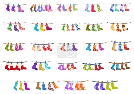 Illustration for Clothesline sock icons set cartoon vector. Drying hanging. Pair rope fiber - Royalty Free Image