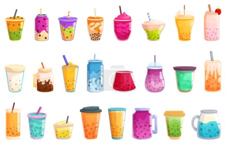 Ilustración de Boba iconos conjunto vector de dibujos animados. Bebida de copa. Chocolate de frutas y bayas - Imagen libre de derechos