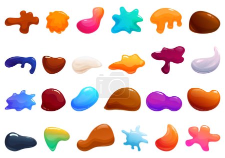 Illustration for Glossy blobs icons set cartoon vector. Shape paint. Fluid brush liquid - Royalty Free Image