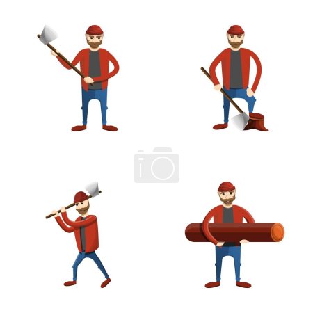 Illustration for Woodcutter icons set cartoon vector. Man lumberjack while working. Logging industry - Royalty Free Image