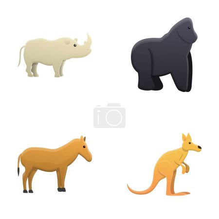 Téléchargez les illustrations : Zoo icônes définir vecteur de dessin animé. Faune de mammifères sauvages - en licence libre de droit
