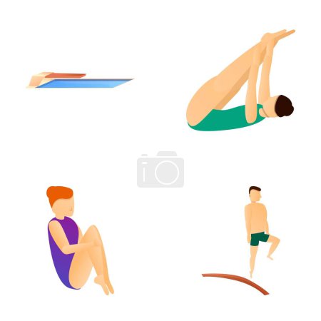 Téléchargez les illustrations : Icônes de plongée définir vecteur de dessin animé. Les gens sautent de la planche dans l'eau. Sport nautique, compétition - en licence libre de droit