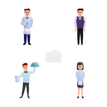 Illustration for Waiter people icons set cartoon vector. Young man and woman waiter. Profession, service sector - Royalty Free Image