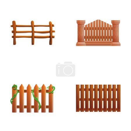 Téléchargez les illustrations : Icônes de clôture en bois mis vecteur de dessin animé. Différents types de clôture en bois. Clôture, élément architectural - en licence libre de droit