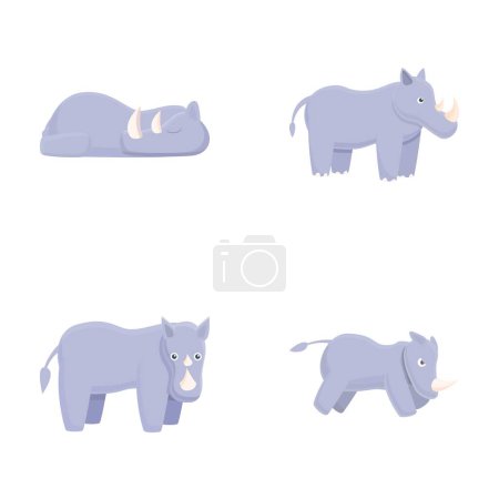 Téléchargez les illustrations : Icônes de rhinocéros de bande dessinée ensemble vecteur de dessin animé. Rhinocéros gris. Caractère de bande dessinée - en licence libre de droit