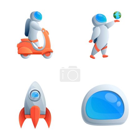 Illustration for Cartoon astronaut icons set cartoon vector. Astronaut on motorbike, flying rocket. Cartoon character - Royalty Free Image