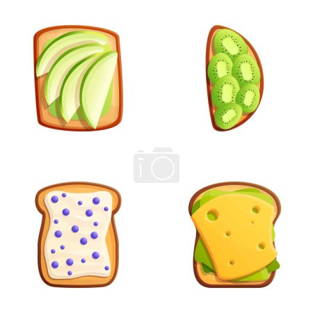 Illustration for Breakfast food icons set cartoon vector. Sandwich with cheese and fruit. Healthy nutrition - Royalty Free Image