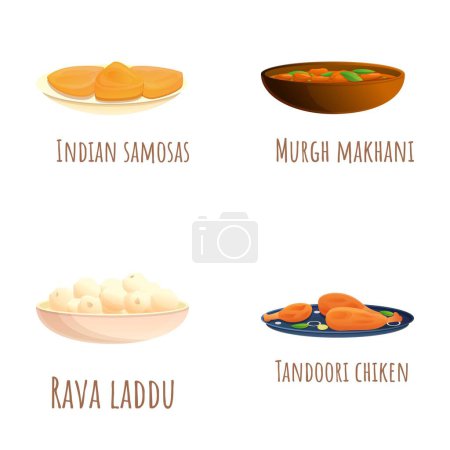 Téléchargez les illustrations : Icônes de la cuisine indienne mis vecteur de dessin animé. Repas indien traditionnel. Alimentation asiatique - en licence libre de droit