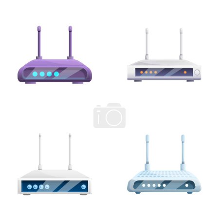 Illustration for Internet router icons set cartoon vector. Wireless wi fi router. Modern device - Royalty Free Image