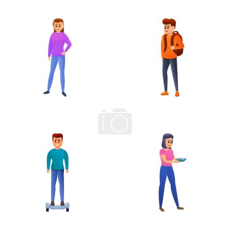 Illustration for People icons set cartoon vector. Guy and girl with phone, backpack on hoverboard. Human character - Royalty Free Image