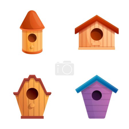 Ilustración de Birdhouse iconos conjunto de dibujos animados vector. Una casa de pájaros de madera diferente. Casa de madera para pájaros - Imagen libre de derechos
