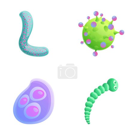Téléchargez les illustrations : Les icônes des protozoaires définissent un vecteur de dessin animé. Diverses bactéries virus et microbes. Concept de microbiologie - en licence libre de droit