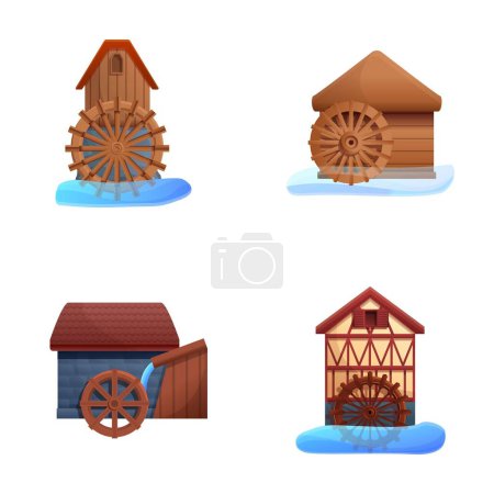 Illustration for Old watermill icons set cartoon vector. Wooden structure uses river hydropower. Water millwheel - Royalty Free Image