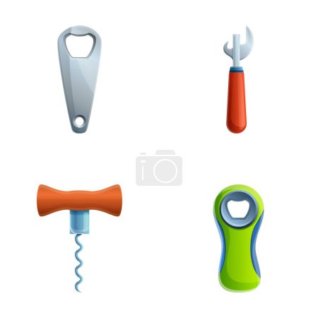 Illustration for Bottle opener icons set cartoon vector. Tool for opening bottle. Kitchen utensils - Royalty Free Image