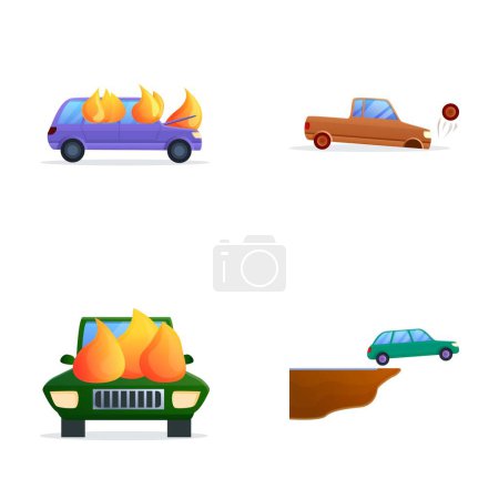 Illustration for Car crash icons set cartoon vector. Accident on road. Crash vehicle, damage auto - Royalty Free Image