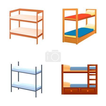 Illustration for Wooden bed icons set cartoon vector. Two tier bed with mattress and pillow. Children room furniture - Royalty Free Image