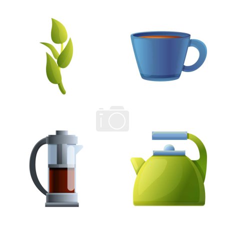 Illustration for Mint tea icons set cartoon vector. Mint tea with teapot, cup and leaf. Healthy drink - Royalty Free Image